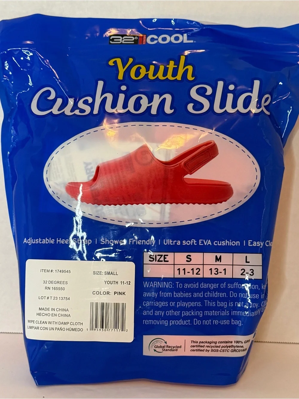 32 Degrees Cool Youth Pink Cushion Slides S 11-12 NIB Adjustable Strap